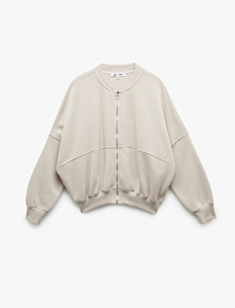 Üç İplik Şardonlu Uzun Kollu Fermuarlı Bomber Yaka Sweatshirt