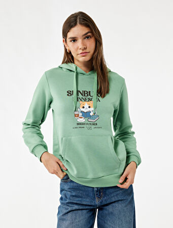 Kanguru Cep Detaylı Şardonlu Kedi Baskılı Kapüşonlu Sweatshirt
