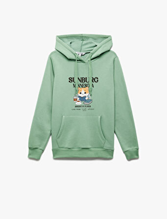 Kanguru Cep Detaylı Şardonlu Kedi Baskılı Kapüşonlu Sweatshirt
