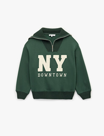 Şardonlu Uzun Kollu Yarım Fermuarlı Ayıcık Nakışlı Oversize Sweatshirt