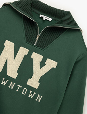 Şardonlu Uzun Kollu Yarım Fermuarlı Ayıcık Nakışlı Oversize Sweatshirt