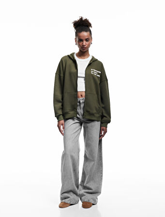 Şardonlu Kanguru Cepli Arkası Baskılı Fermuarlı Kapüşonlu Oversize Sweatshirt