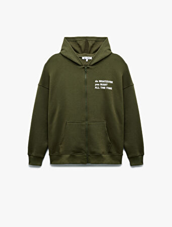 Şardonlu Kanguru Cepli Arkası Baskılı Fermuarlı Kapüşonlu Oversize Sweatshirt