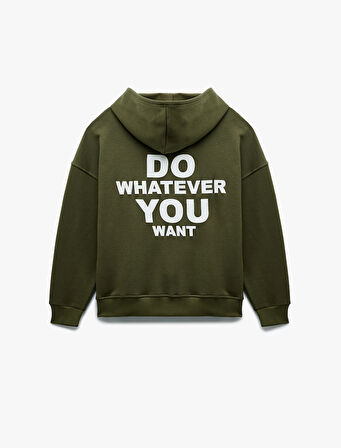 Şardonlu Kanguru Cepli Arkası Baskılı Fermuarlı Kapüşonlu Oversize Sweatshirt