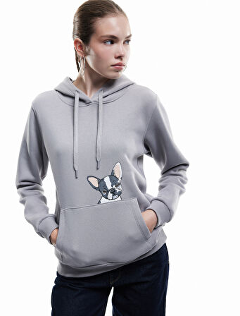 Köpek Baskılı Şardonlu Kanguru Cepli Kapüşonlu Sweatshirt