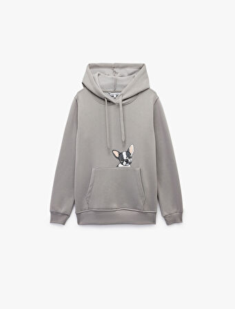 Köpek Baskılı Şardonlu Kanguru Cepli Kapüşonlu Sweatshirt