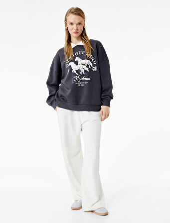 Polo Yaka Uzun Kollu Baskılı Oversize Sweatshirt