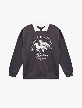 Polo Yaka Uzun Kollu Baskılı Oversize Sweatshirt