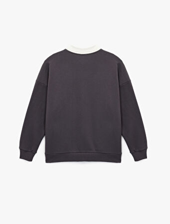 Polo Yaka Uzun Kollu Baskılı Oversize Sweatshirt