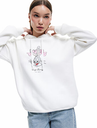 Bugs Bunny Lisanslı Arkası Baskılı Şardonlu Uzun Kollu Kapüşonlu Oversize Sweatshirt