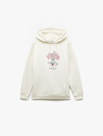 Bugs Bunny Lisanslı Arkası Baskılı Şardonlu Uzun Kollu Kapüşonlu Oversize Sweatshirt