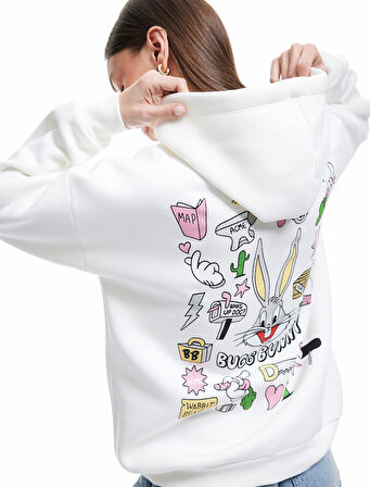 Bugs Bunny Lisanslı Arkası Baskılı Şardonlu Uzun Kollu Kapüşonlu Oversize Sweatshirt