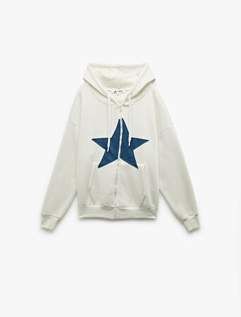 Şardonlu Kapüşonlu Yıldız Aplikeli Fermuarlı Sweatshirt