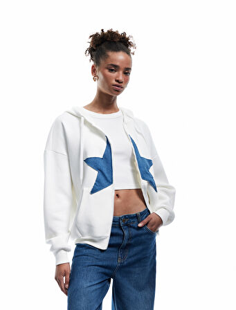 Şardonlu Kapüşonlu Yıldız Aplikeli Fermuarlı Sweatshirt