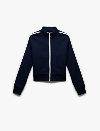Şardonlu Uzun Kollu Dar Kesim Dik Yaka Fermuarlı Çizgili Sweatshirt