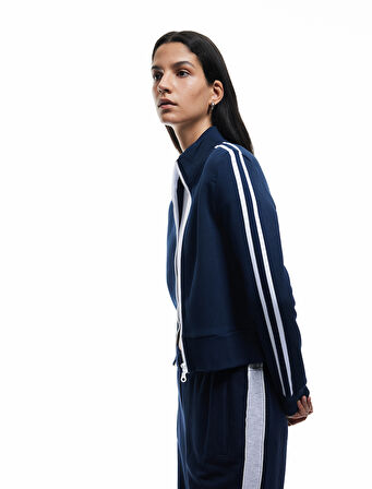 Şardonlu Uzun Kollu Dar Kesim Dik Yaka Fermuarlı Çizgili Sweatshirt