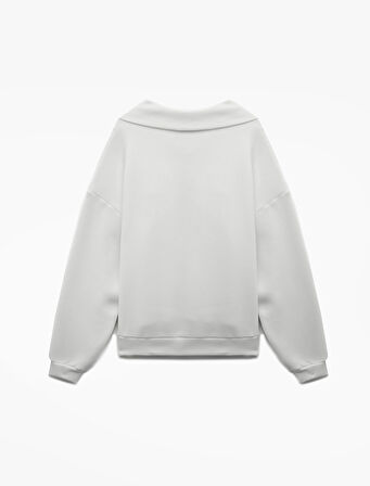 Şardonlu Uzun Kollu Yarım Fermuarlı Yaka Nakışlı Oversize Sweatshirt
