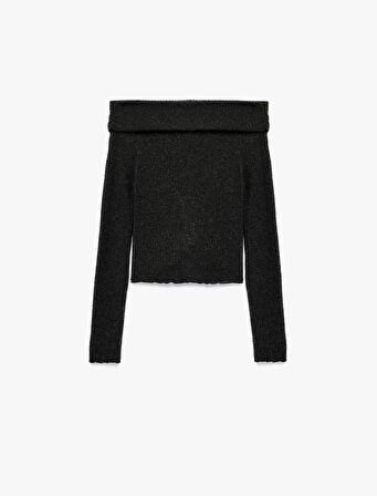 Viskon Karışımlı Kaşkorse Omzu Açık Slim Fit Uzun Kollu Tişört