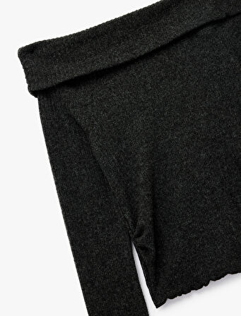 Viskon Karışımlı Kaşkorse Omzu Açık Slim Fit Uzun Kollu Tişört