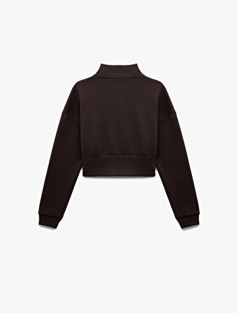 Pamuklu Yarım Fermuarlı Şardonlu Baskılı Crop Sweatshirt