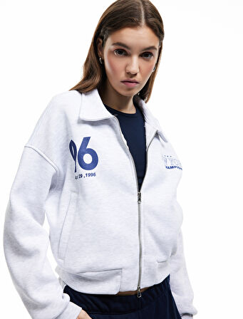 Şardonlu Uzun Kollu Cepli Arkası Baskılı Fermuarlı Sweatshirt