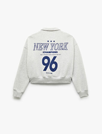 Şardonlu Uzun Kollu Cepli Arkası Baskılı Fermuarlı Sweatshirt