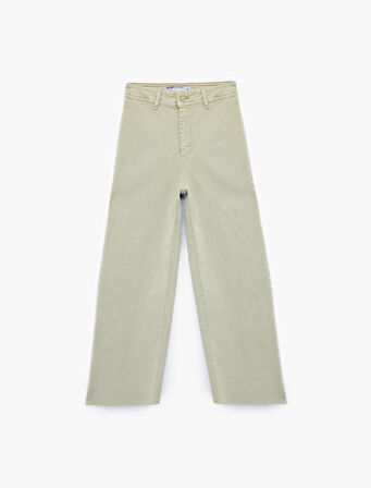 Yüksek Bel Düğmeli Cepli Rahat Kalıp Geniş Paça Denim Pantolon - Culotte Jeans