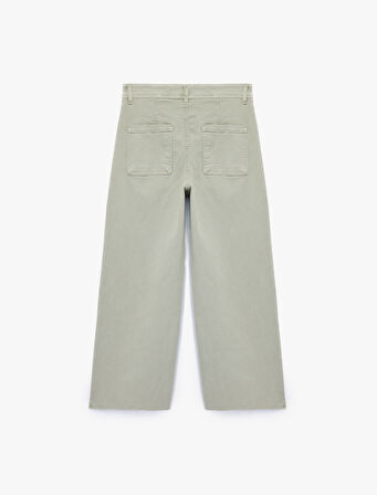 Yüksek Bel Düğmeli Cepli Rahat Kalıp Geniş Paça Denim Pantolon - Culotte Jeans