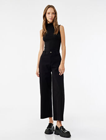 Yüksek Bel Düğmeli Cepli Rahat Kalıp Geniş Paça Denim Pantolon - Culotte Jeans