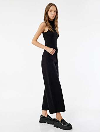 Yüksek Bel Düğmeli Cepli Rahat Kalıp Geniş Paça Denim Pantolon - Culotte Jeans