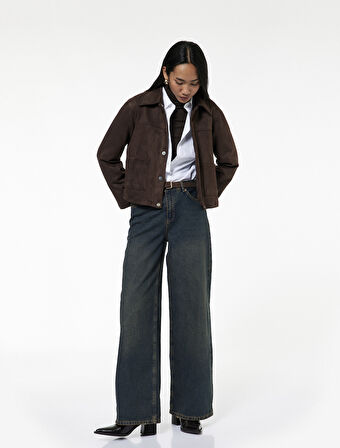 Düşük Bel Düz Paça Pamuklu Straight Yıkamalı Bol Jean Pantolon - Loose Straight Fit Jean