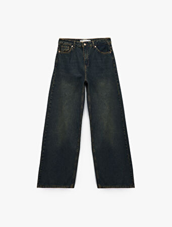 Düşük Bel Düz Paça Pamuklu Straight Yıkamalı Bol Jean Pantolon - Loose Straight Fit Jean