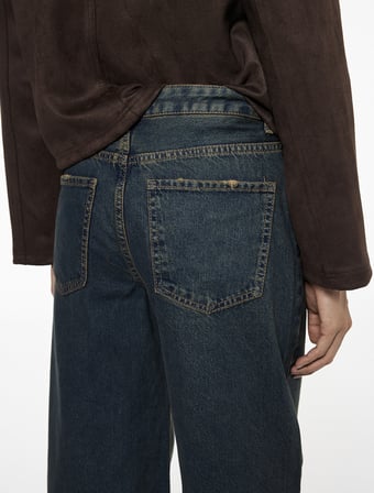 Düşük Bel Düz Paça Pamuklu Straight Yıkamalı Bol Jean Pantolon - Loose Straight Fit Jean