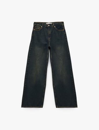 Düşük Bel Düz Paça Pamuklu Straight Yıkamalı Bol Jean Pantolon - Loose Straight Fit Jean