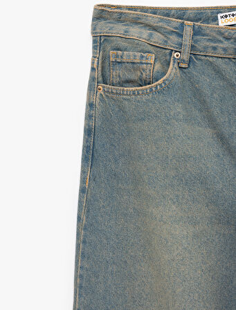 Düşük Bel Düz Paça Pamuklu Straight Yıkamalı Bol Jean Pantolon - Loose Straight Fit Jean