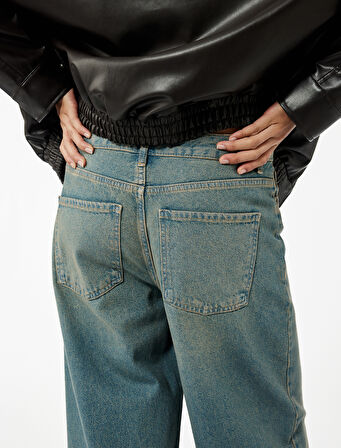 Düşük Bel Düz Paça Pamuklu Straight Yıkamalı Bol Jean Pantolon - Loose Straight Fit Jean