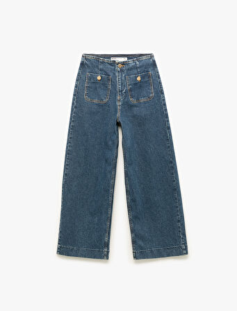 Yüksek Bel Cepli Düğmeli Rahat Kalıp Jean Pantolon - Culotte Jeans
