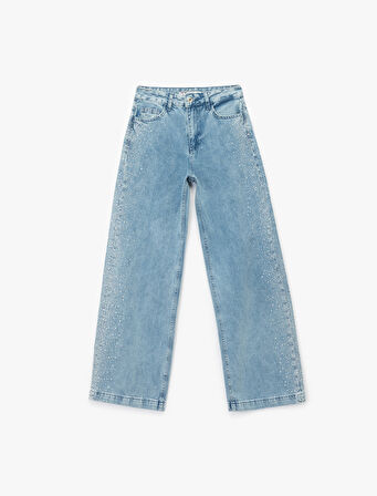 Düğmeli Cepli Geniş Paça Pamuklu Taşlı Jean Pantolon - Wide Leg Jeans