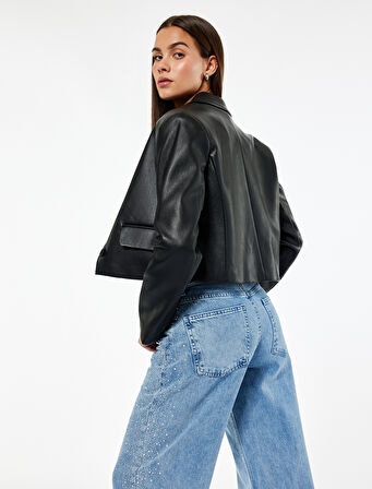 Düğmeli Cepli Geniş Paça Pamuklu Taşlı Jean Pantolon - Wide Leg Jeans