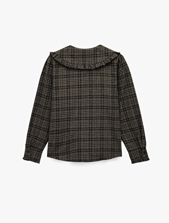 Viskon Karışımlı Fırfırlı Bebe Yaka Uzun Kollu Düğmeli Ekoseli Gömlek