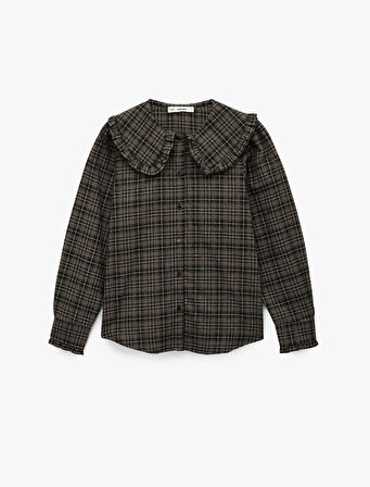 Viskon Karışımlı Fırfırlı Bebe Yaka Uzun Kollu Düğmeli Ekoseli Gömlek