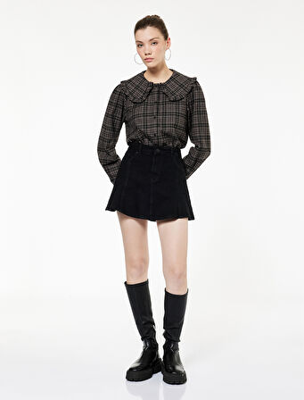 Viskon Karışımlı Fırfırlı Bebe Yaka Uzun Kollu Düğmeli Ekoseli Gömlek