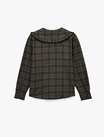 Viskon Karışımlı Fırfırlı Bebe Yaka Uzun Kollu Düğmeli Ekoseli Gömlek