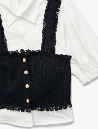 Slim Fit Kısa Balon Kollu Düğmeli Gömlek Yaka Tüvit Dokulu Crop Bluz