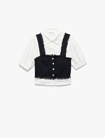 Slim Fit Kısa Balon Kollu Düğmeli Gömlek Yaka Tüvit Dokulu Crop Bluz