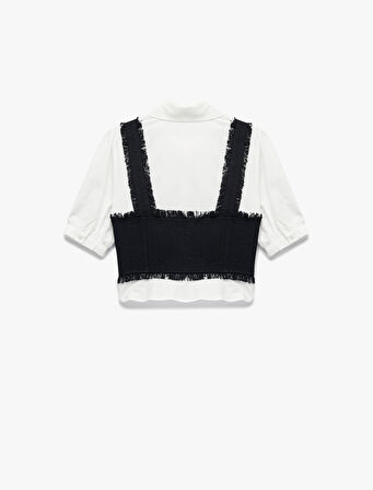 Slim Fit Kısa Balon Kollu Düğmeli Gömlek Yaka Tüvit Dokulu Crop Bluz