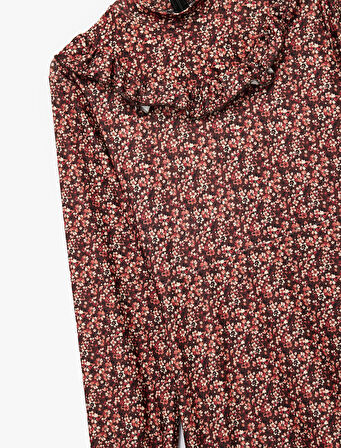 Slim Fit Fırfırlı Uzun Kollu Bisiklet Yaka Çiçekli Mini Elbise