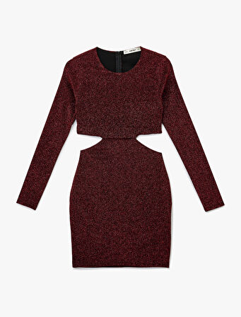 Uzun Kollu Bisiklet Yaka Simli Pencere Detaylı Mini Elbise