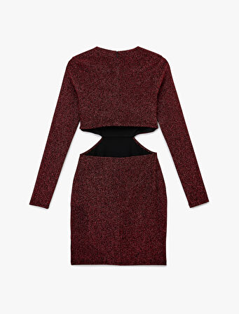 Uzun Kollu Bisiklet Yaka Simli Pencere Detaylı Mini Elbise