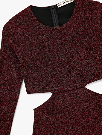 Uzun Kollu Bisiklet Yaka Simli Pencere Detaylı Mini Elbise